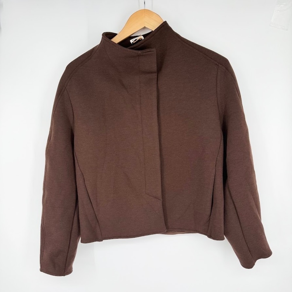 NEW OGL FuzzLuxe Minimalist Stand Collar Cropped Jacket XS Brown Modern Cozy